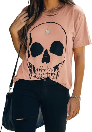 Veatzaer Summer Cotton Graphic Shirts Womens Short Sleeve Crewneck Tees Skull Distressed T Shirt Loose Casual Tops S-XXL