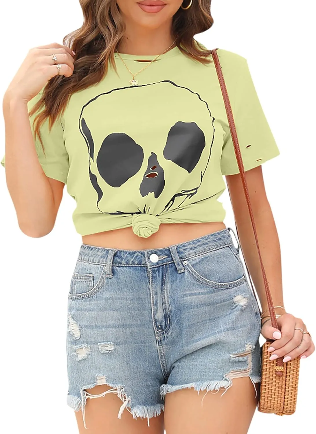 Veatzaer Summer Cotton Graphic Shirts Womens Short Sleeve Crewneck Tees Skull Distressed T Shirt Loose Casual Tops S-XXL