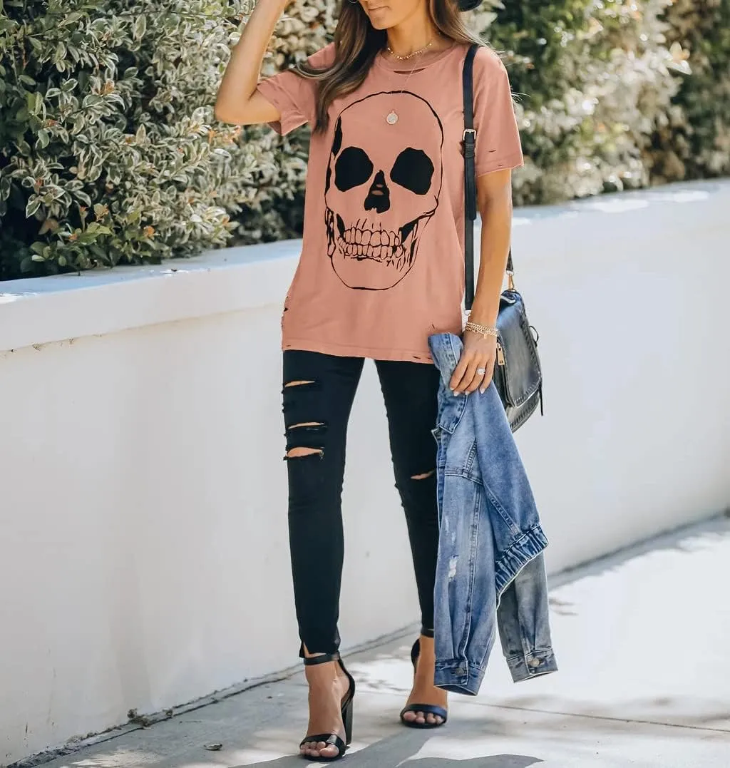 Veatzaer Summer Cotton Graphic Shirts Womens Short Sleeve Crewneck Tees Skull Distressed T Shirt Loose Casual Tops S-XXL