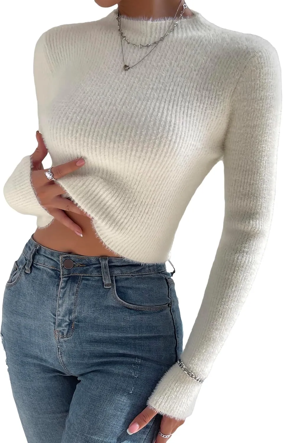Verdusa Women's Mock Neck Long Sleeve Fuzzy Sweater Pullovers Slim Fitted Top
