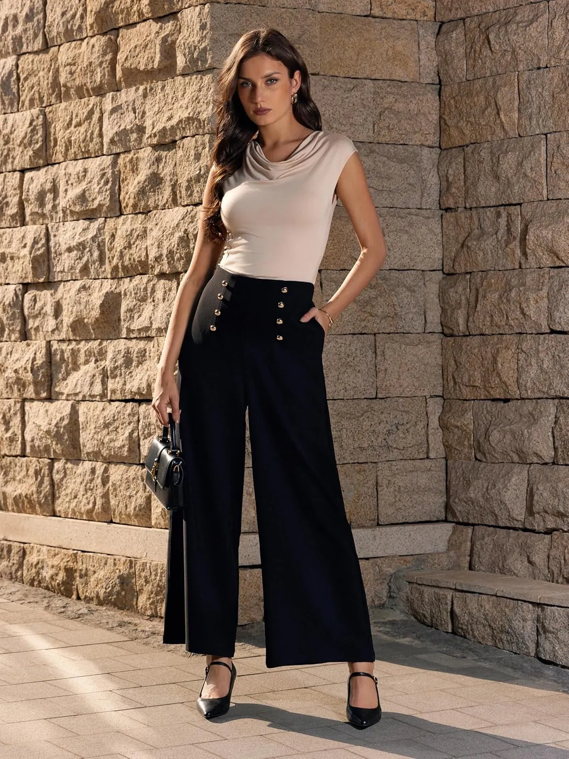 Vinova Womens Dressy Pants Straight Wide Leg High Waisted Buttoned Stretchy Work Business Casual Outfits 2025