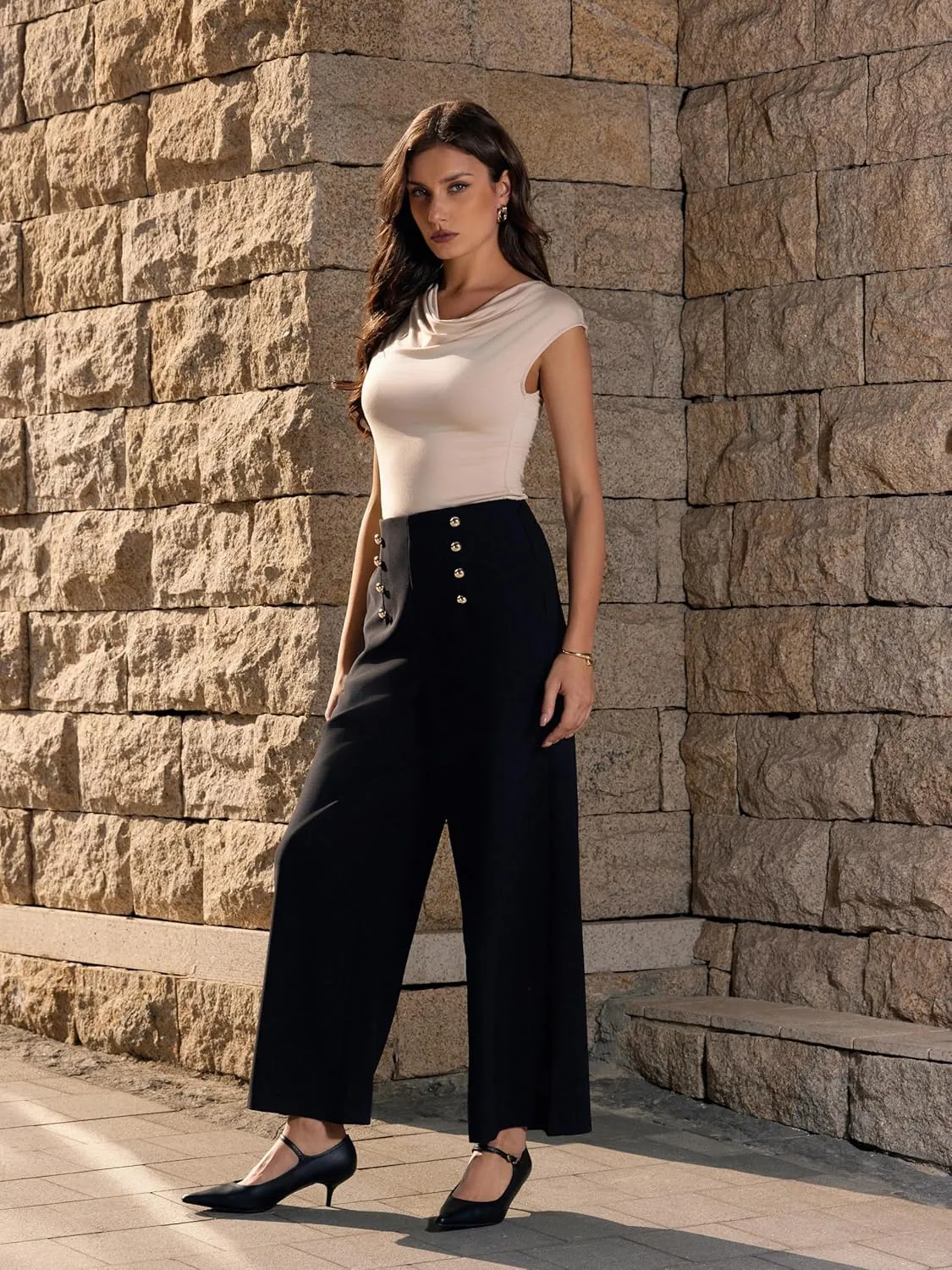 Vinova Womens Dressy Pants Straight Wide Leg High Waisted Buttoned Stretchy Work Business Casual Outfits 2025