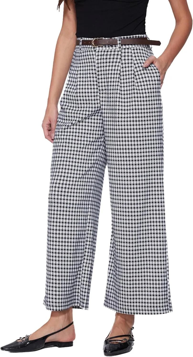 Vinova Womens Wide Straight Leg Pants Summer Plaid Pleated High Waisted Casual Work Pants
