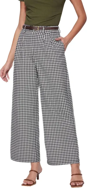 Vinova Womens Wide Straight Leg Pants Summer Plaid Pleated High Waisted Casual Work Pants