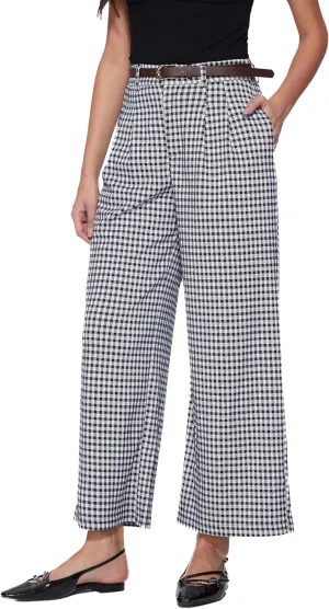 Vinova Womens Wide Straight Leg Pants Summer Plaid Pleated High Waisted Casual Work Pants