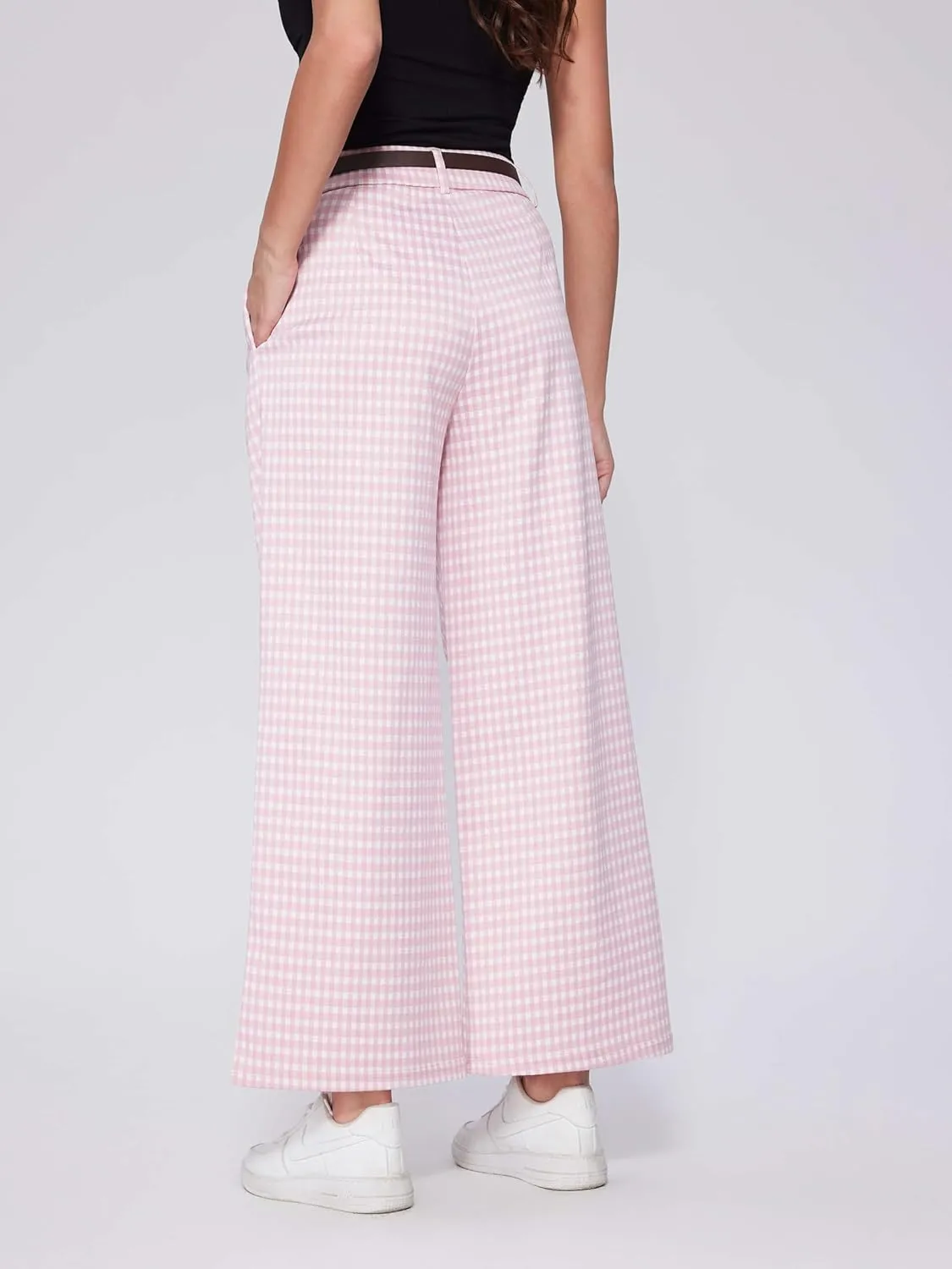 Vinova Womens Wide Straight Leg Pants Summer Plaid Pleated High Waisted Casual Work Pants
