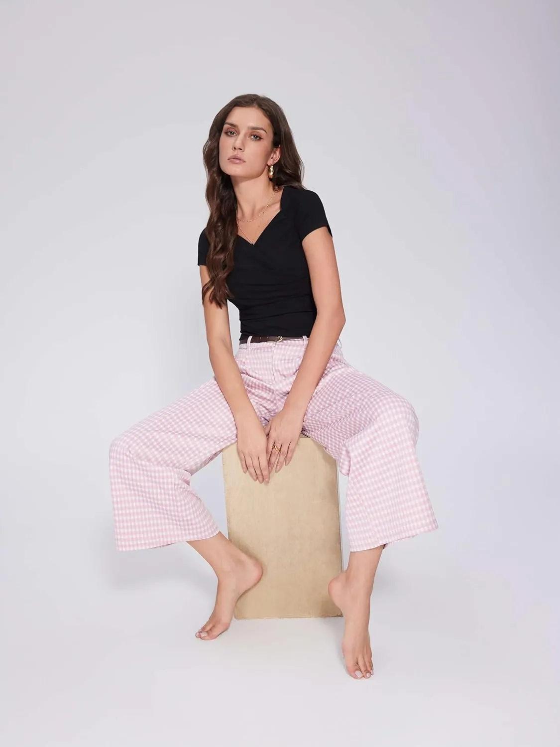 Vinova Womens Wide Straight Leg Pants Summer Plaid Pleated High Waisted Casual Work Pants