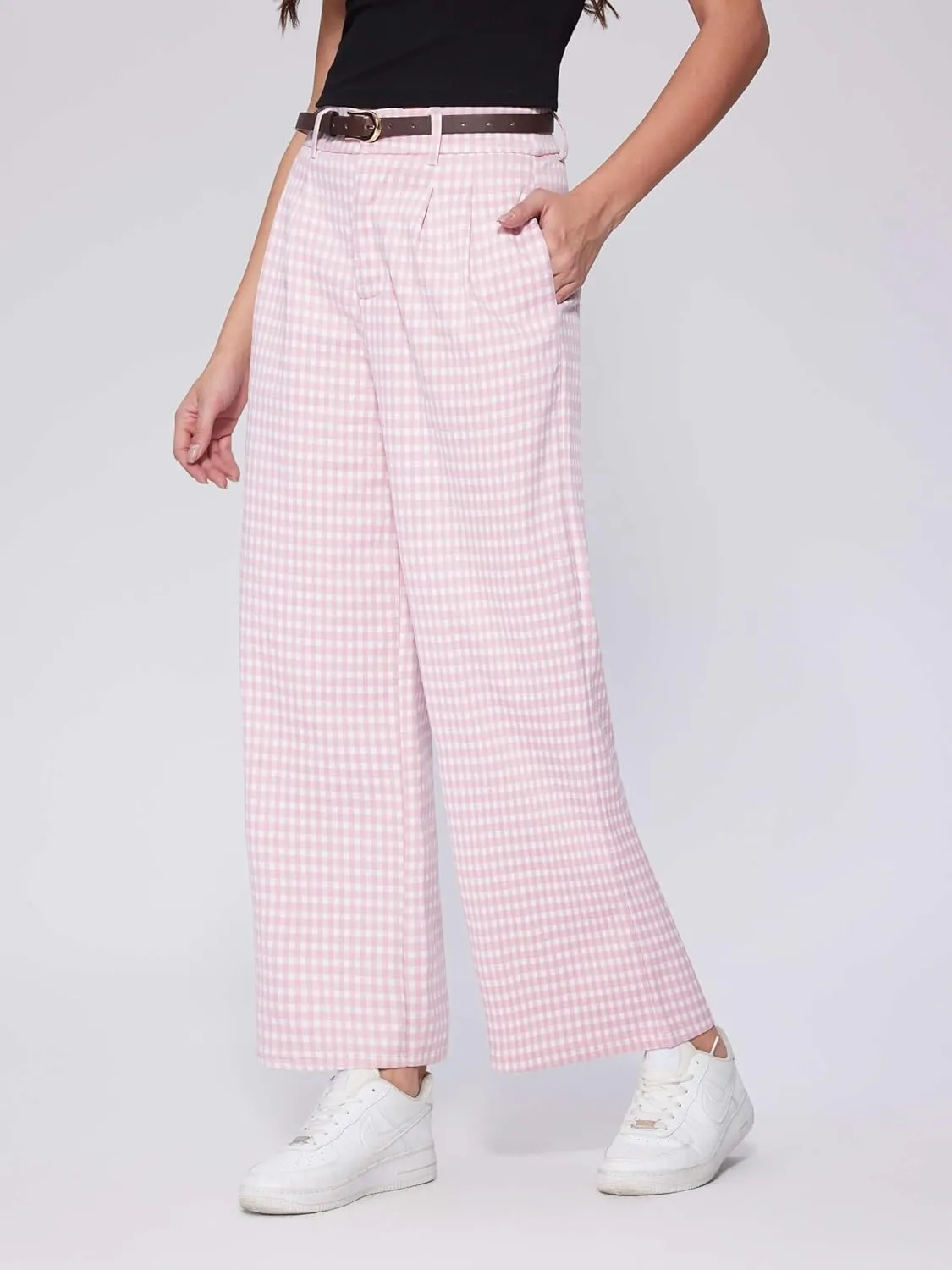 Vinova Womens Wide Straight Leg Pants Summer Plaid Pleated High Waisted Casual Work Pants