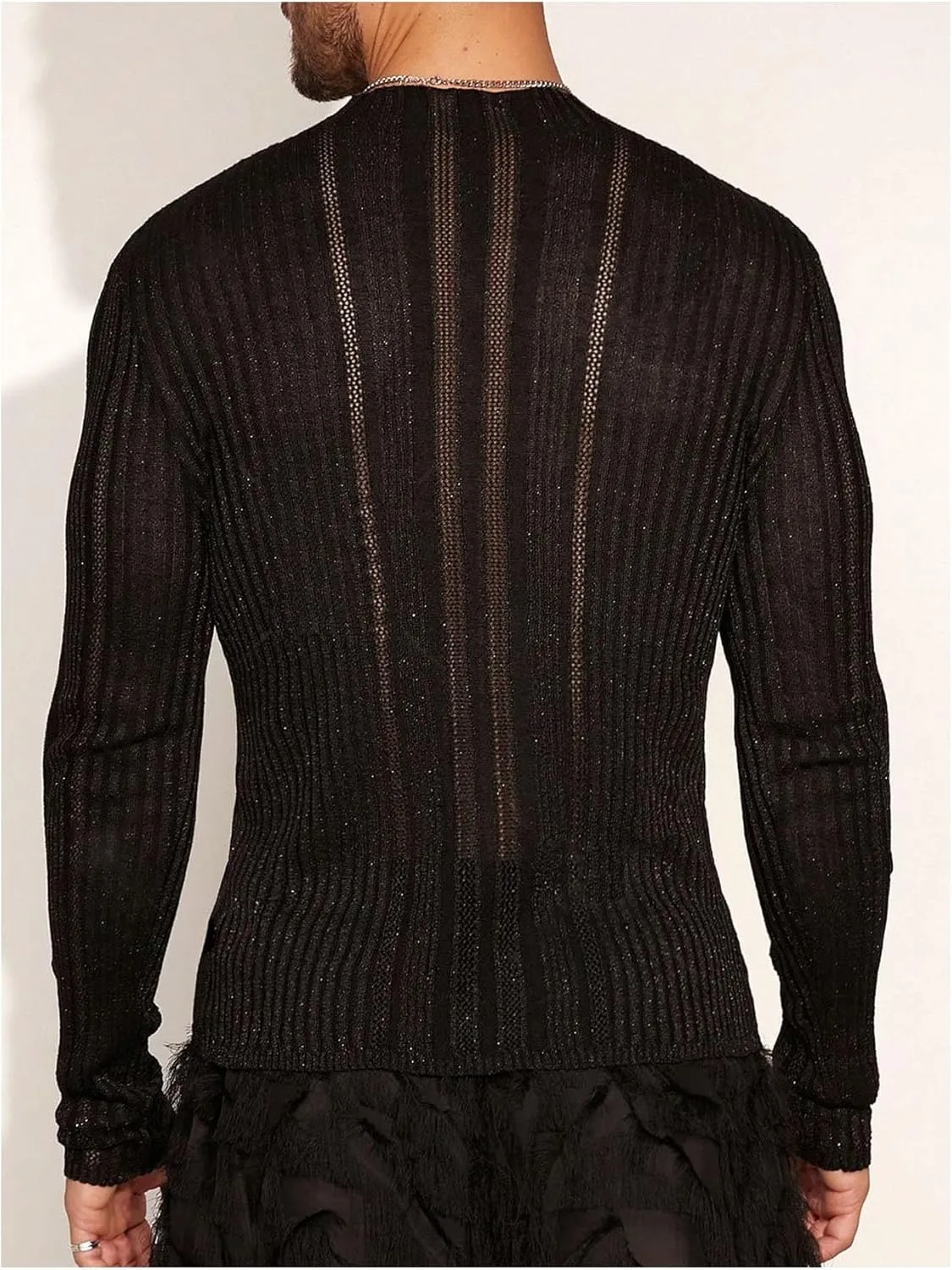 WDIRARA Men's Hollow Out Sheer Sweater Crew Neck Long Sleeve Knitwear Party Sexy Pullover Tops