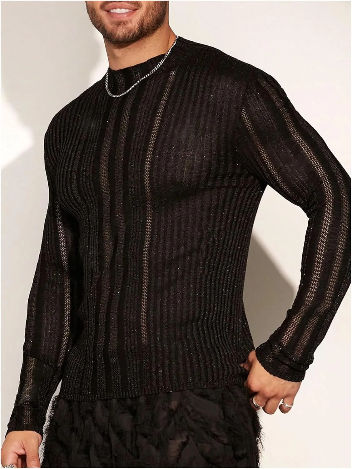 WDIRARA Men's Hollow Out Sheer Sweater Crew Neck Long Sleeve Knitwear Party Sexy Pullover Tops