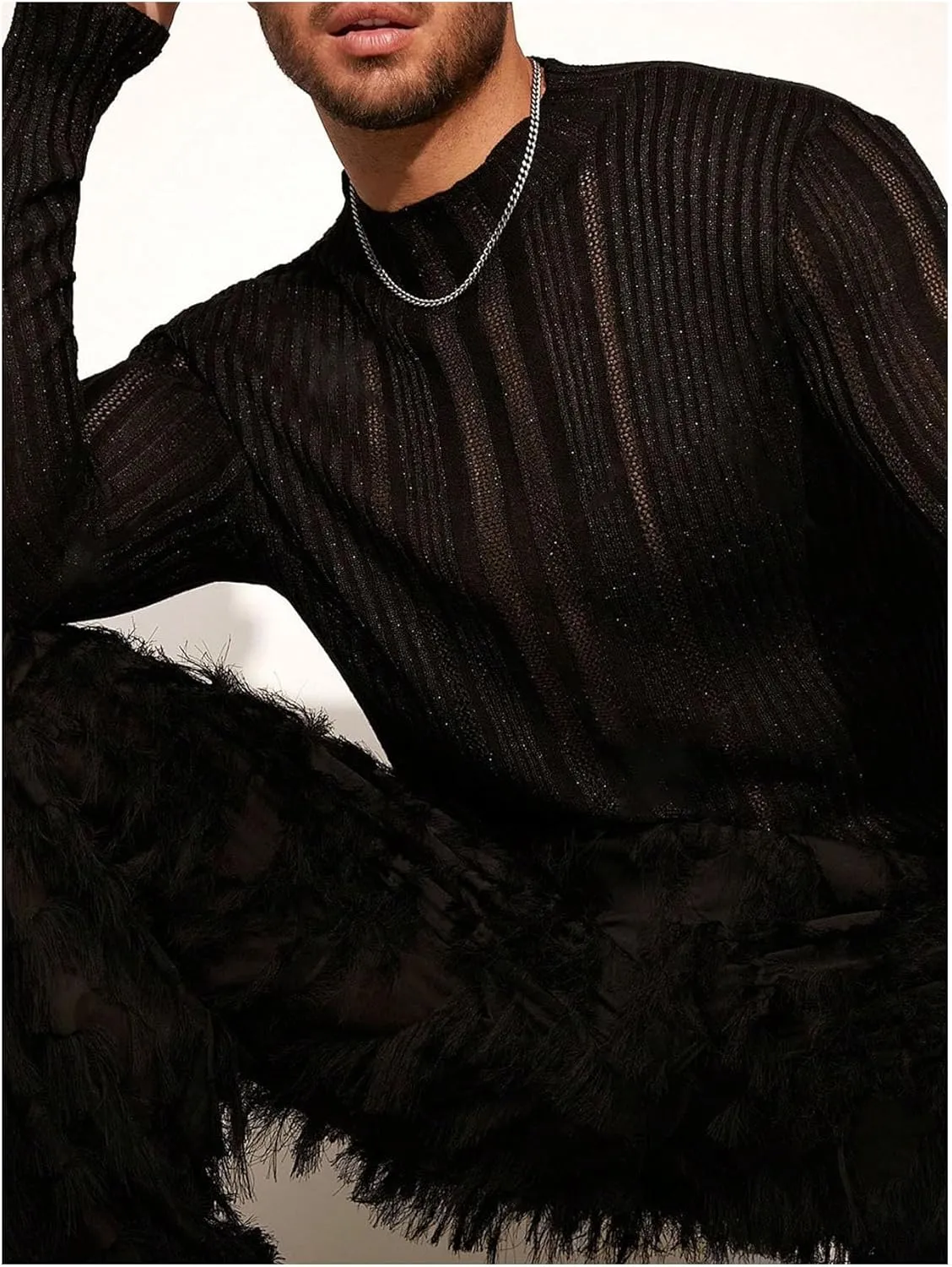 WDIRARA Men's Hollow Out Sheer Sweater Crew Neck Long Sleeve Knitwear Party Sexy Pullover Tops