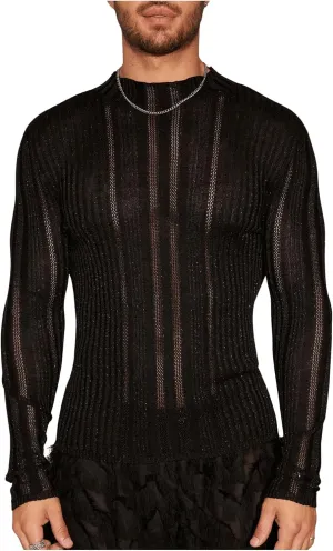 WDIRARA Men's Hollow Out Sheer Sweater Crew Neck Long Sleeve Knitwear Party Sexy Pullover Tops