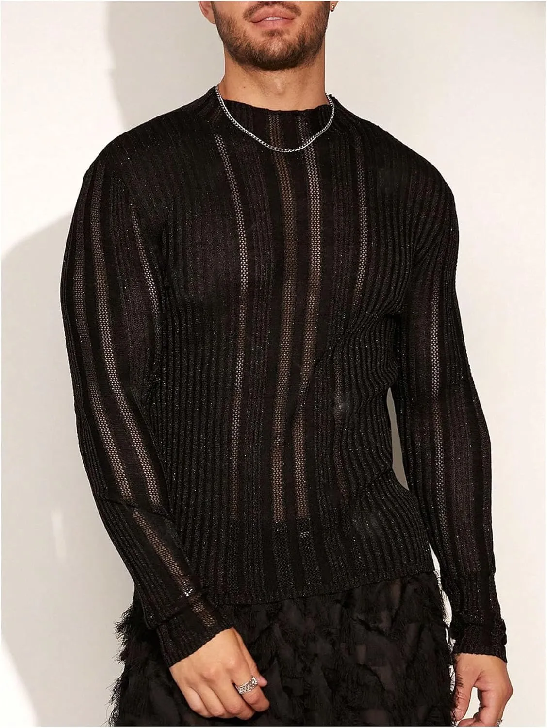 WDIRARA Men's Hollow Out Sheer Sweater Crew Neck Long Sleeve Knitwear Party Sexy Pullover Tops