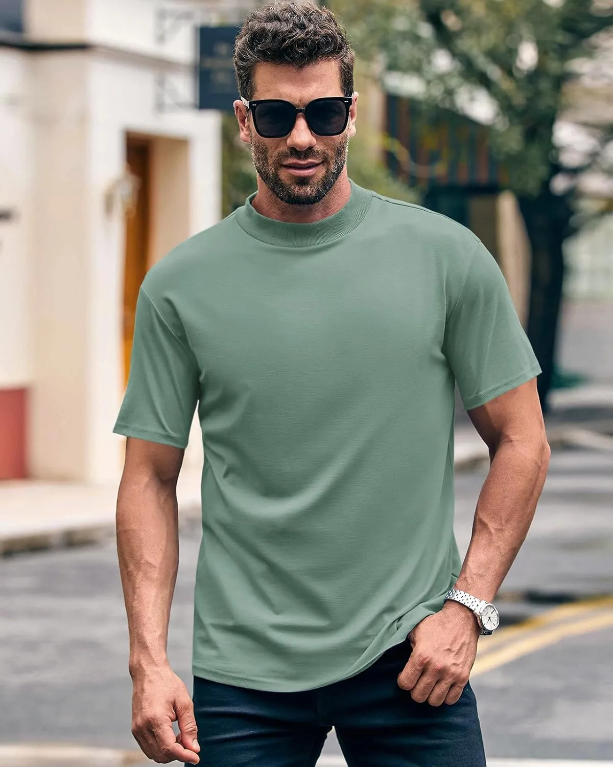 Wihion Men Turtleneck Mock Neck T Shirts Short Sleeve Ribbed High Neck T-Shirt Tee