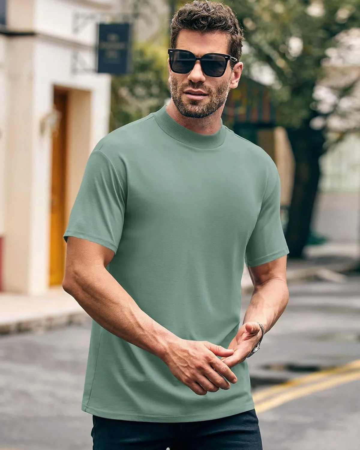 Wihion Men Turtleneck Mock Neck T Shirts Short Sleeve Ribbed High Neck T-Shirt Tee