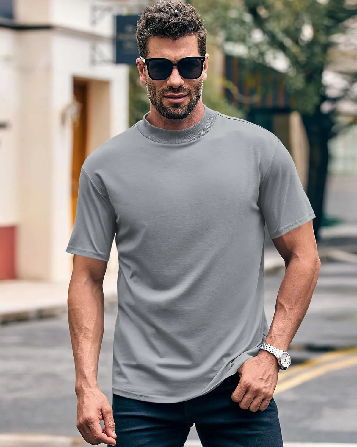 Wihion Men Turtleneck Mock Neck T Shirts Short Sleeve Ribbed High Neck T-Shirt Tee
