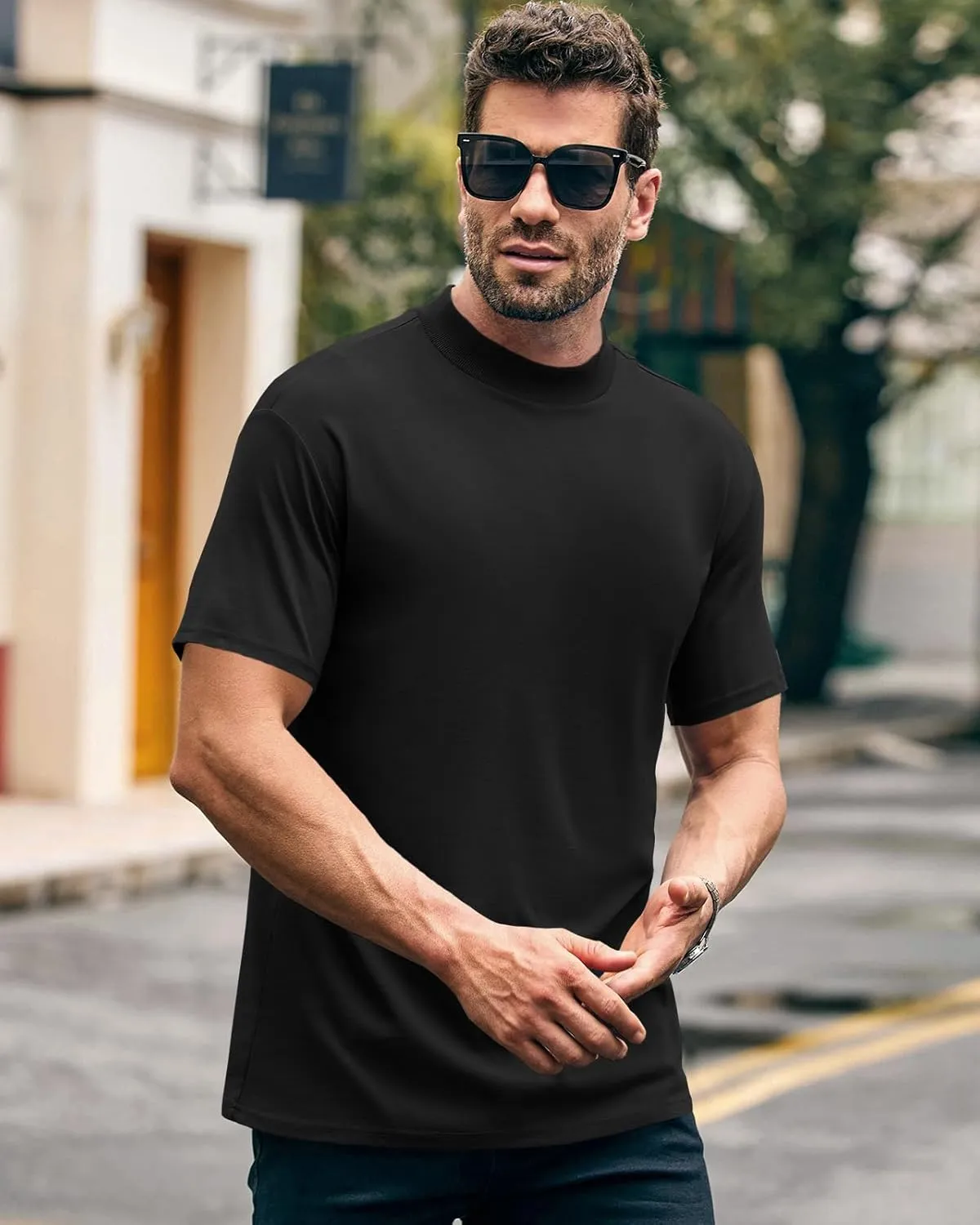 Wihion Men Turtleneck Mock Neck T Shirts Short Sleeve Ribbed High Neck T-Shirt Tee
