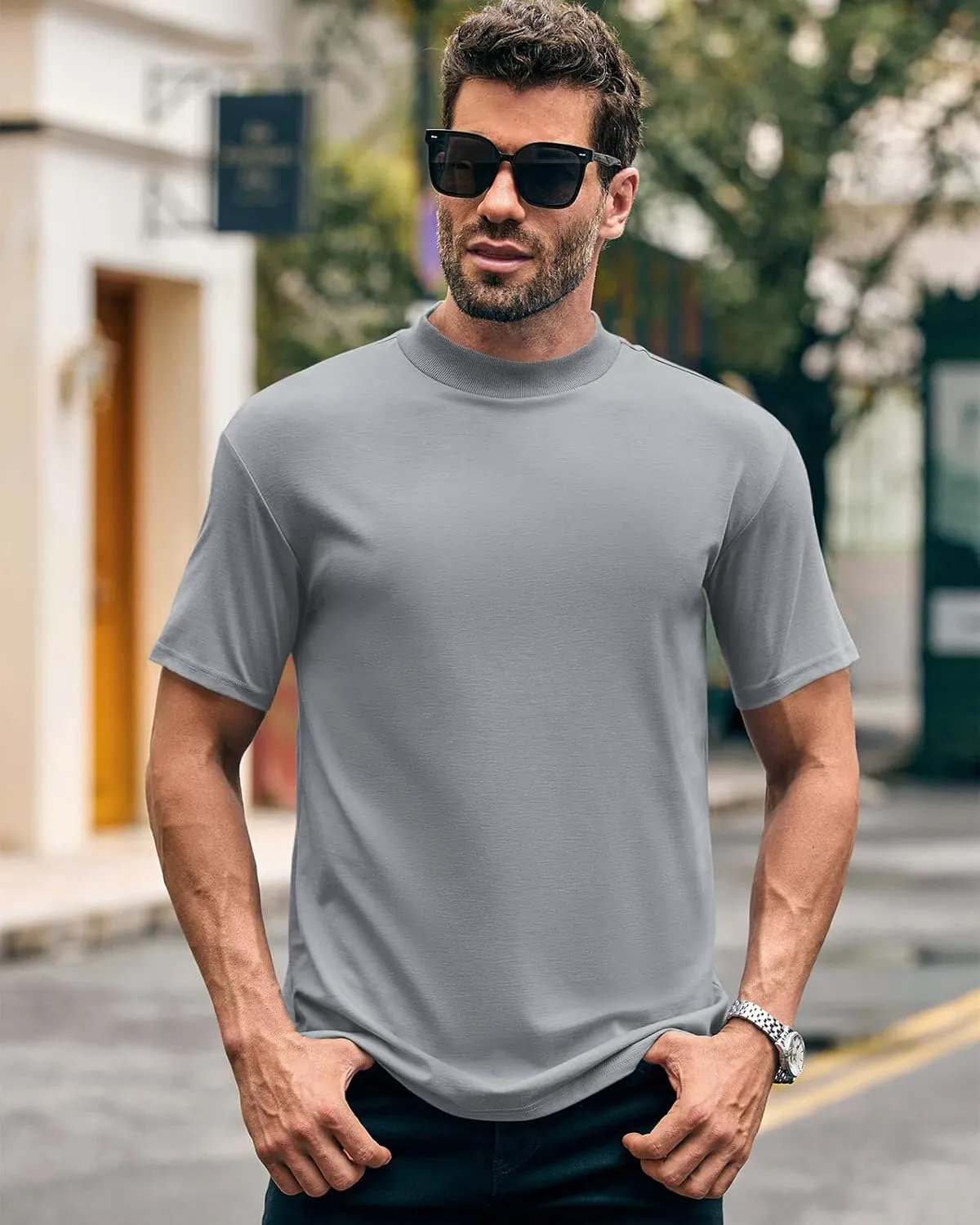 Wihion Men Turtleneck Mock Neck T Shirts Short Sleeve Ribbed High Neck T-Shirt Tee