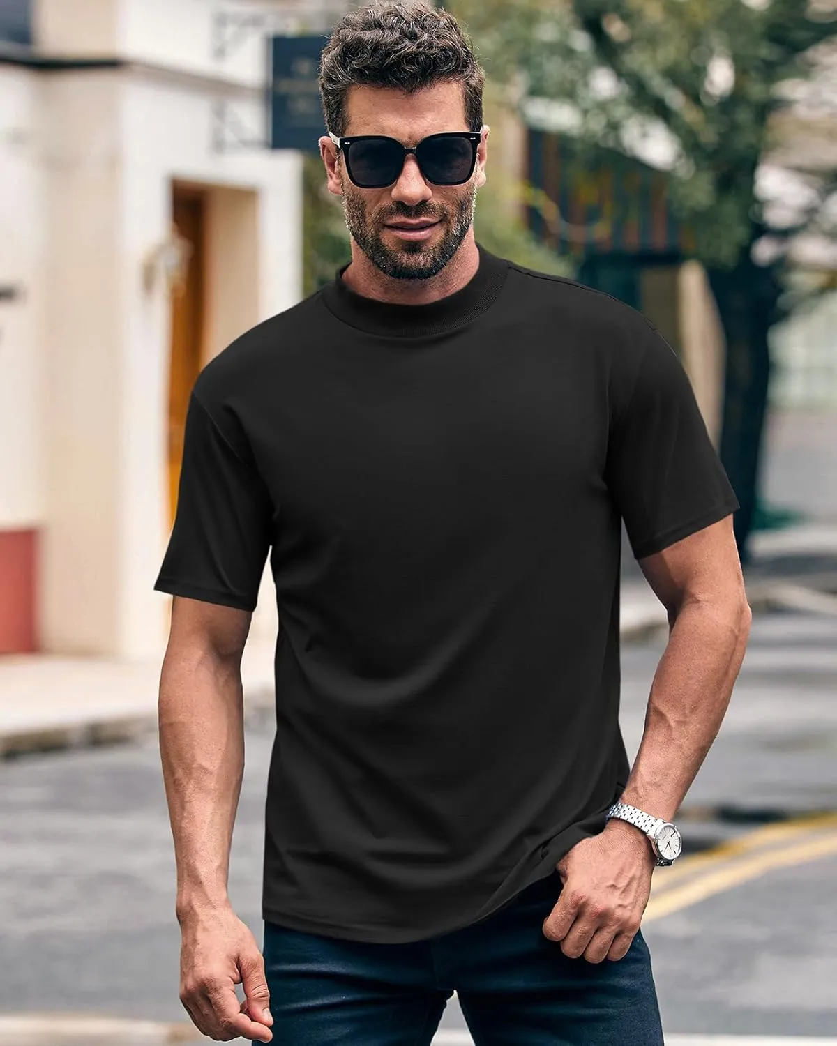 Wihion Men Turtleneck Mock Neck T Shirts Short Sleeve Ribbed High Neck T-Shirt Tee