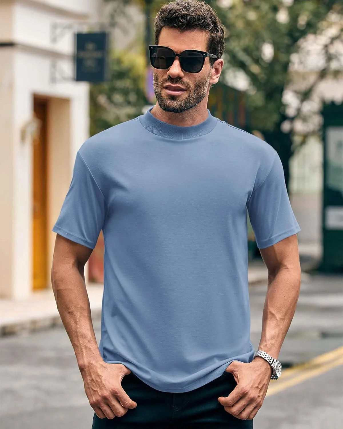 Wihion Men Turtleneck Mock Neck T Shirts Short Sleeve Ribbed High Neck T-Shirt Tee