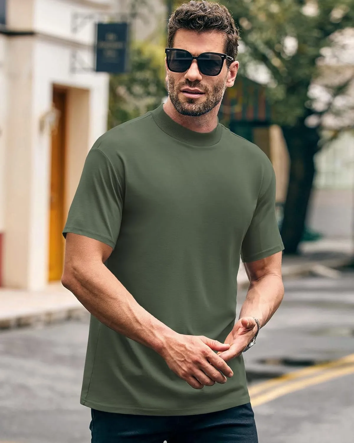 Wihion Men Turtleneck Mock Neck T Shirts Short Sleeve Ribbed High Neck T-Shirt Tee
