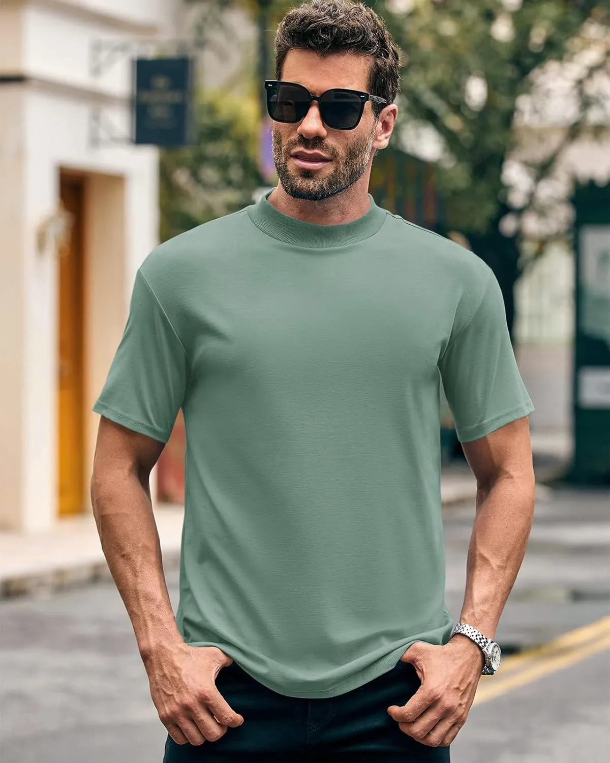 Wihion Men Turtleneck Mock Neck T Shirts Short Sleeve Ribbed High Neck T-Shirt Tee