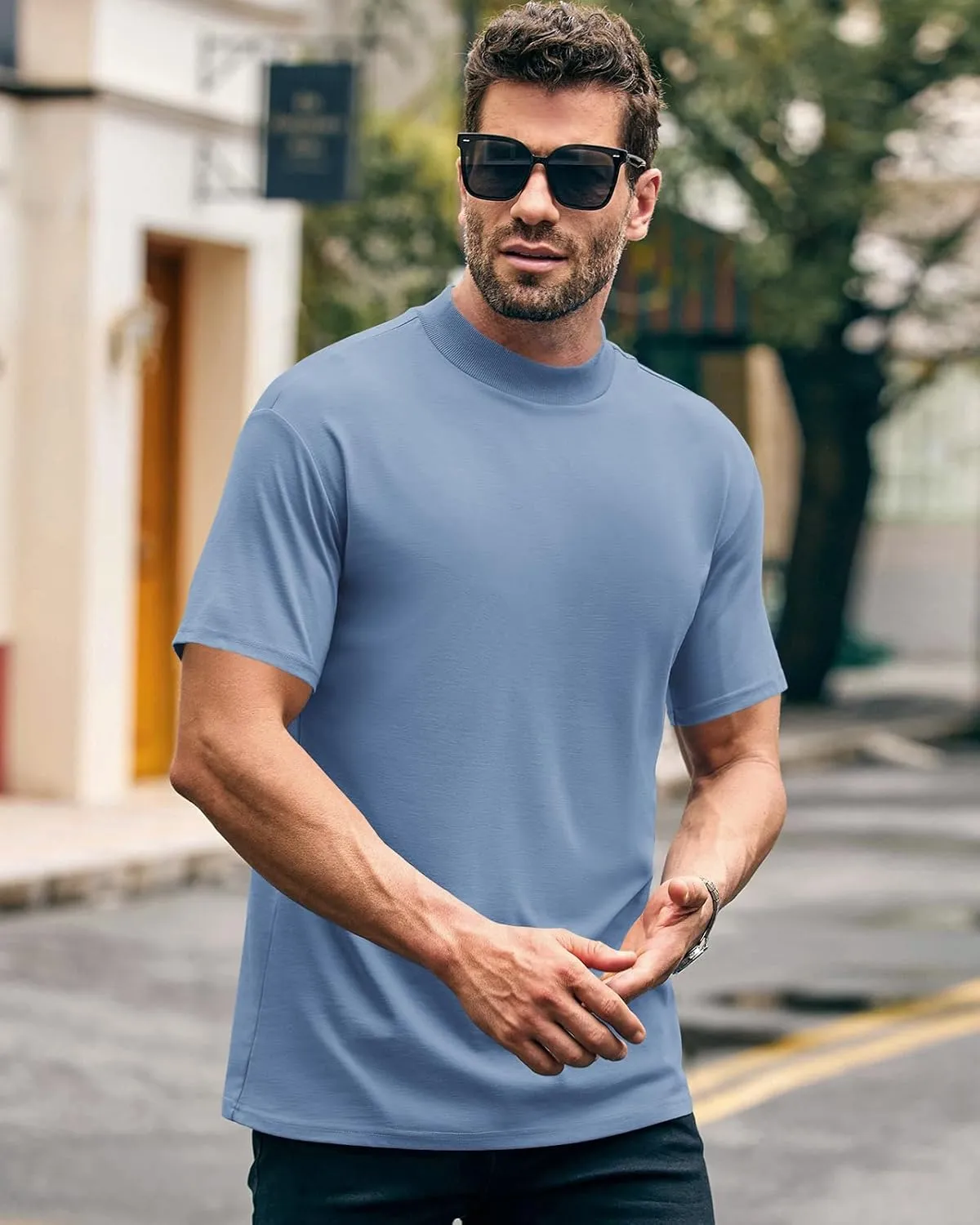 Wihion Men Turtleneck Mock Neck T Shirts Short Sleeve Ribbed High Neck T-Shirt Tee
