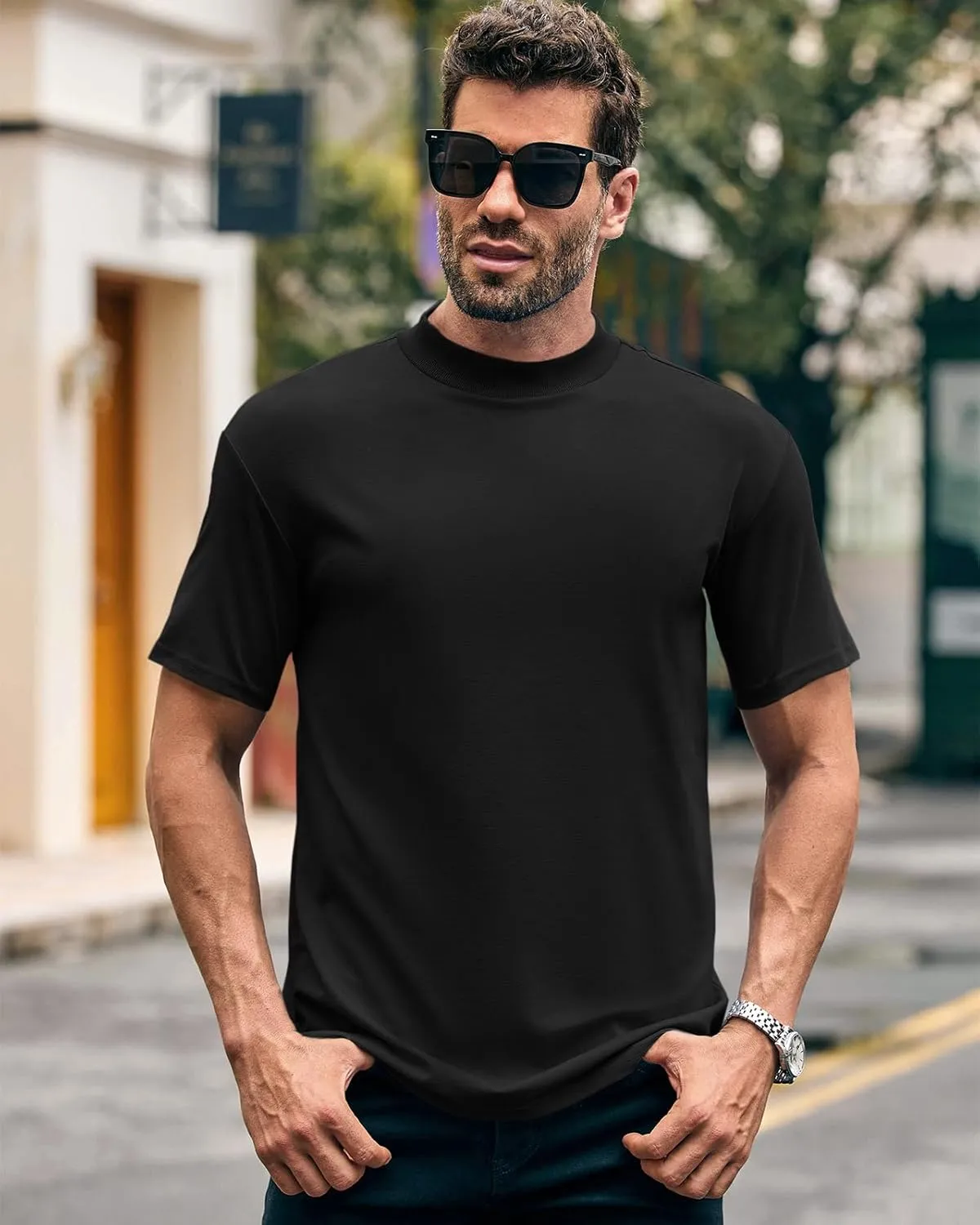 Wihion Men Turtleneck Mock Neck T Shirts Short Sleeve Ribbed High Neck T-Shirt Tee