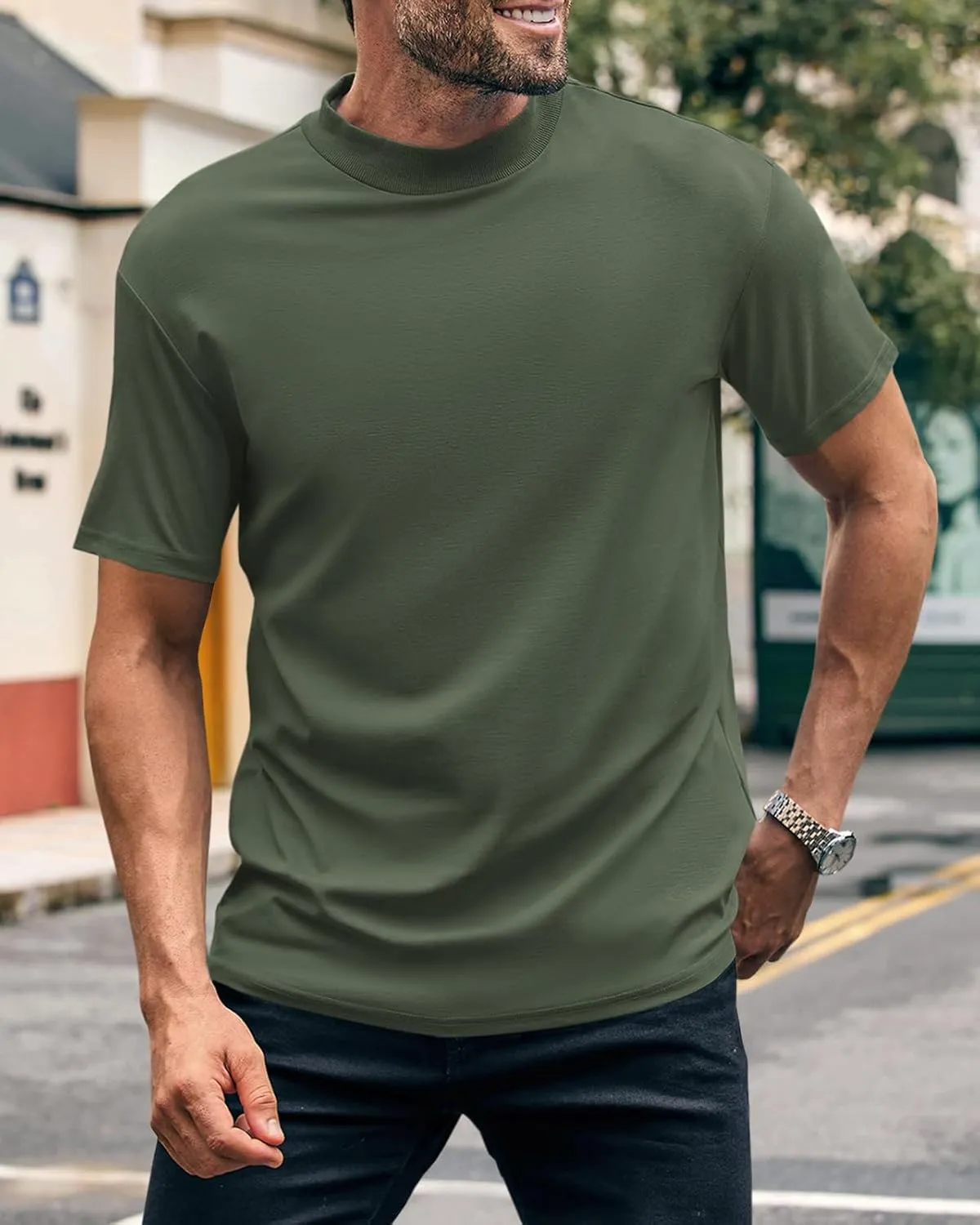 Wihion Men Turtleneck Mock Neck T Shirts Short Sleeve Ribbed High Neck T-Shirt Tee