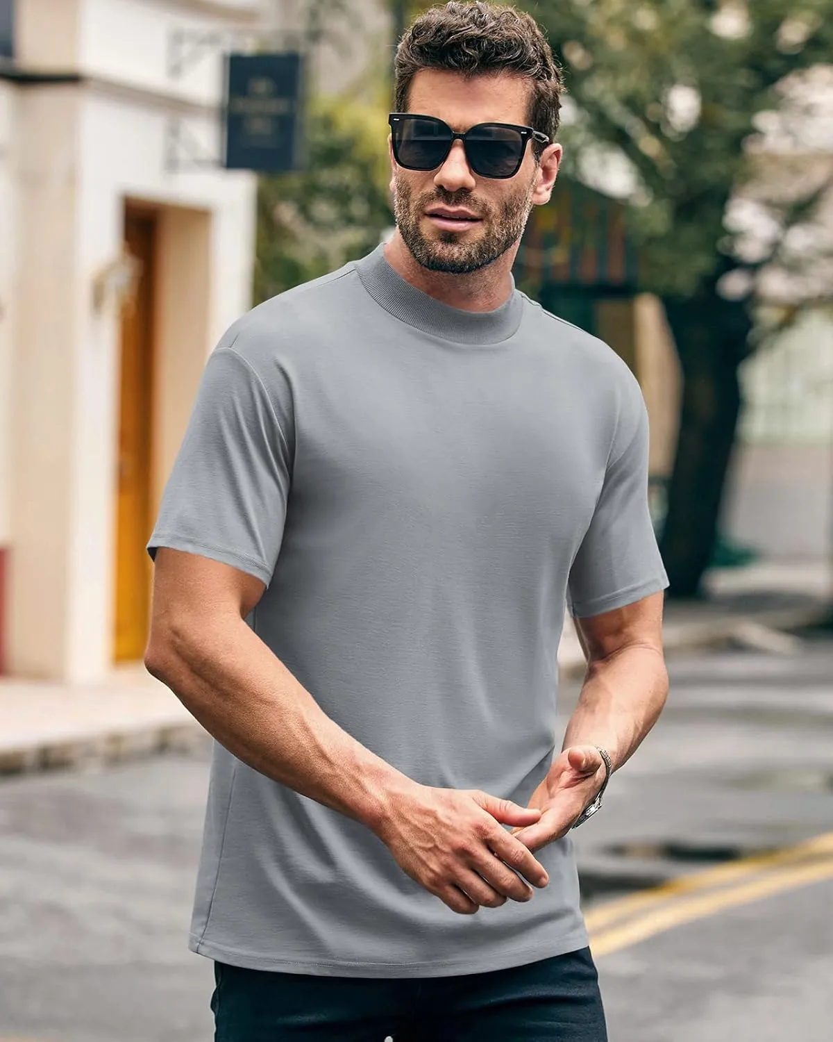 Wihion Men Turtleneck Mock Neck T Shirts Short Sleeve Ribbed High Neck T-Shirt Tee