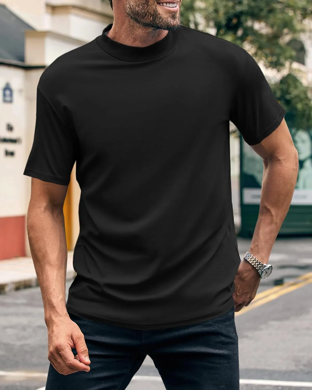 Wihion Men Turtleneck Mock Neck T Shirts Short Sleeve Ribbed High Neck T-Shirt Tee