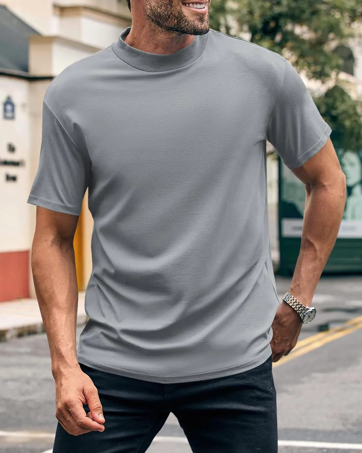 Wihion Men Turtleneck Mock Neck T Shirts Short Sleeve Ribbed High Neck T-Shirt Tee