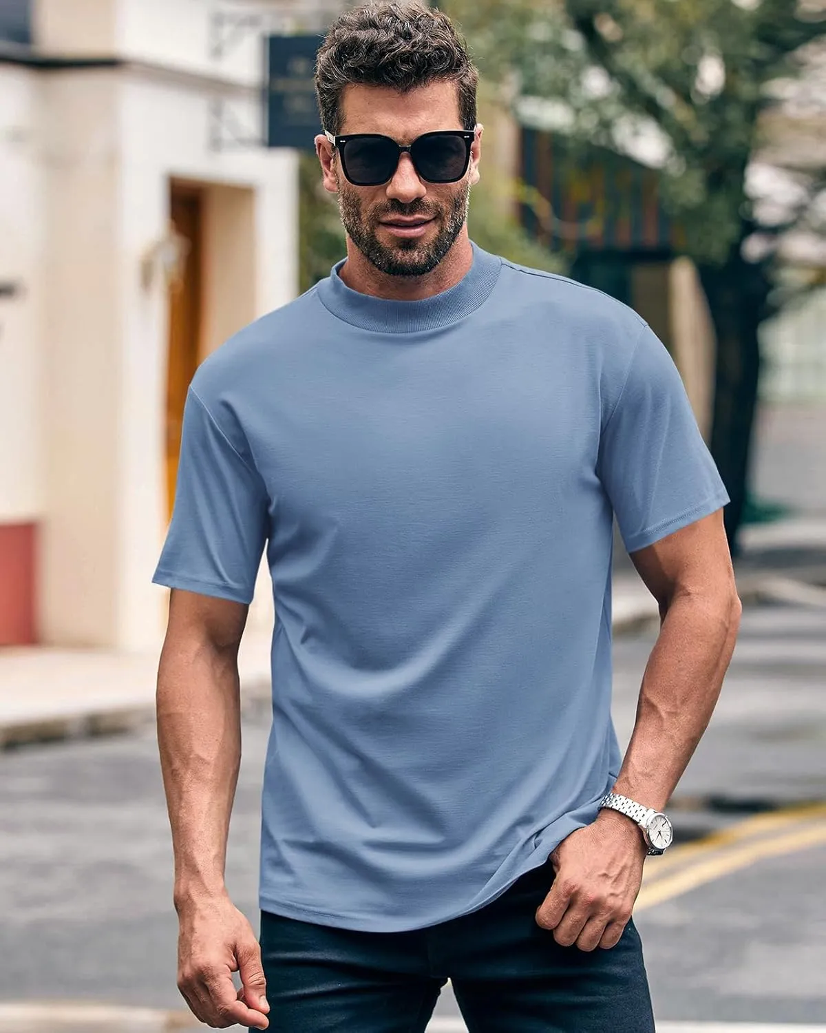 Wihion Men Turtleneck Mock Neck T Shirts Short Sleeve Ribbed High Neck T-Shirt Tee