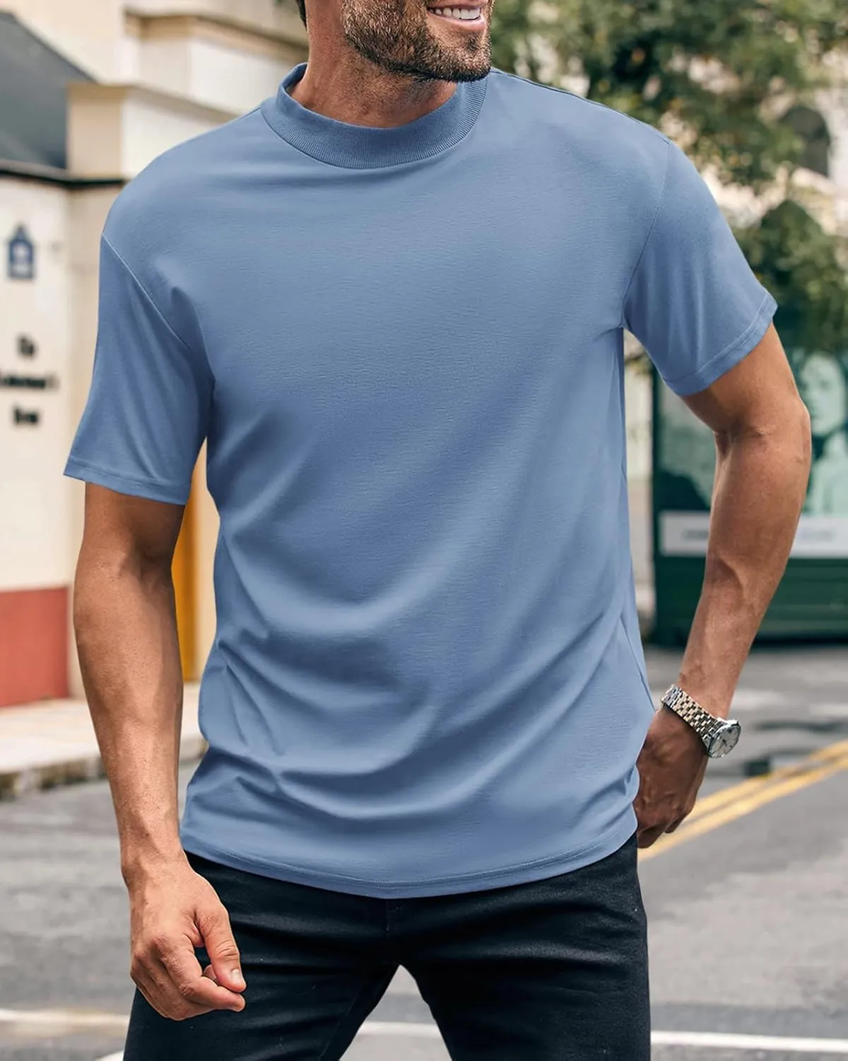 Wihion Men Turtleneck Mock Neck T Shirts Short Sleeve Ribbed High Neck T-Shirt Tee