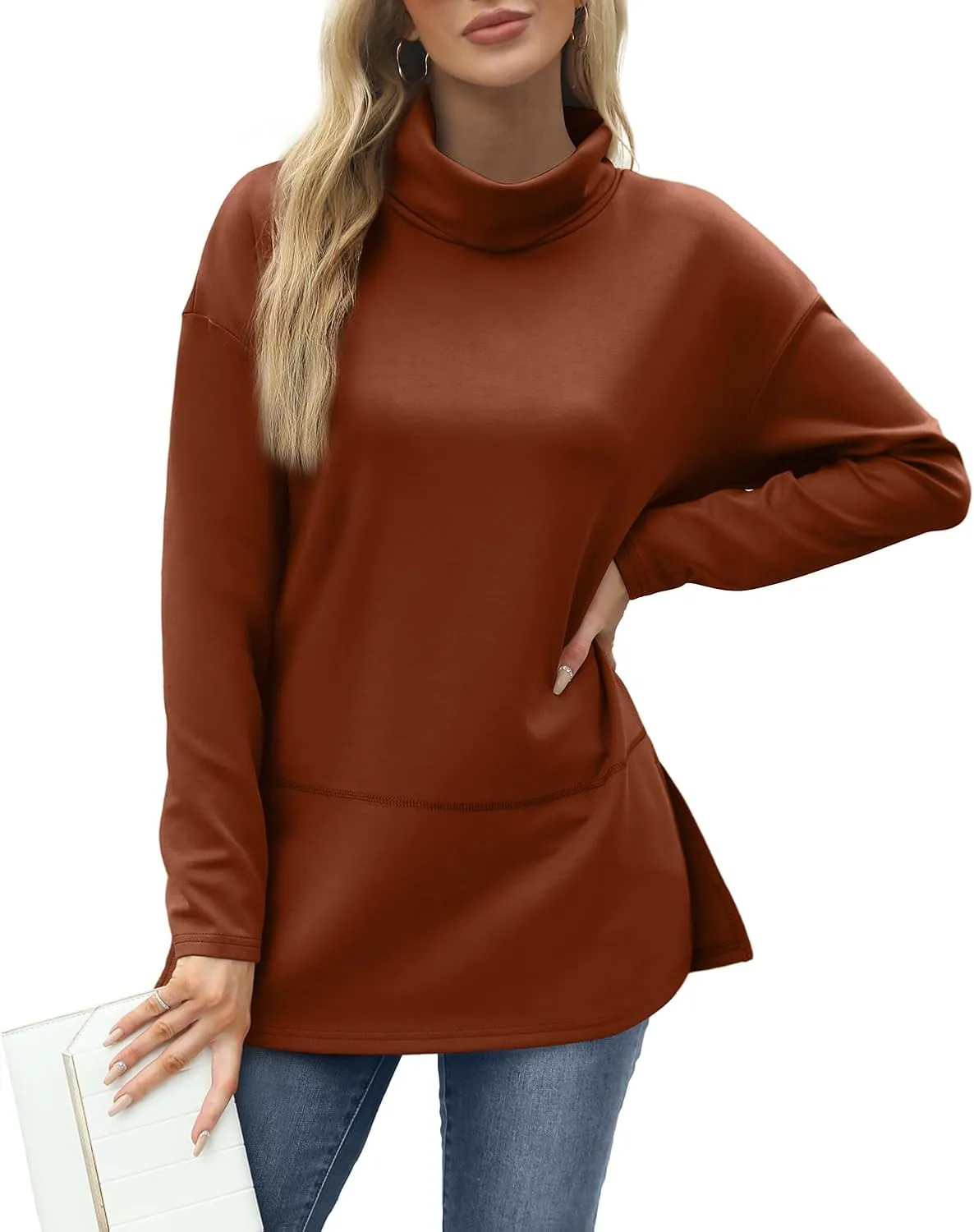 WIHOLL Womens Long Sleeve Tops Turtleneck Sweatshirt Fall Fashion 2024 Air Essentials Tunic Tops