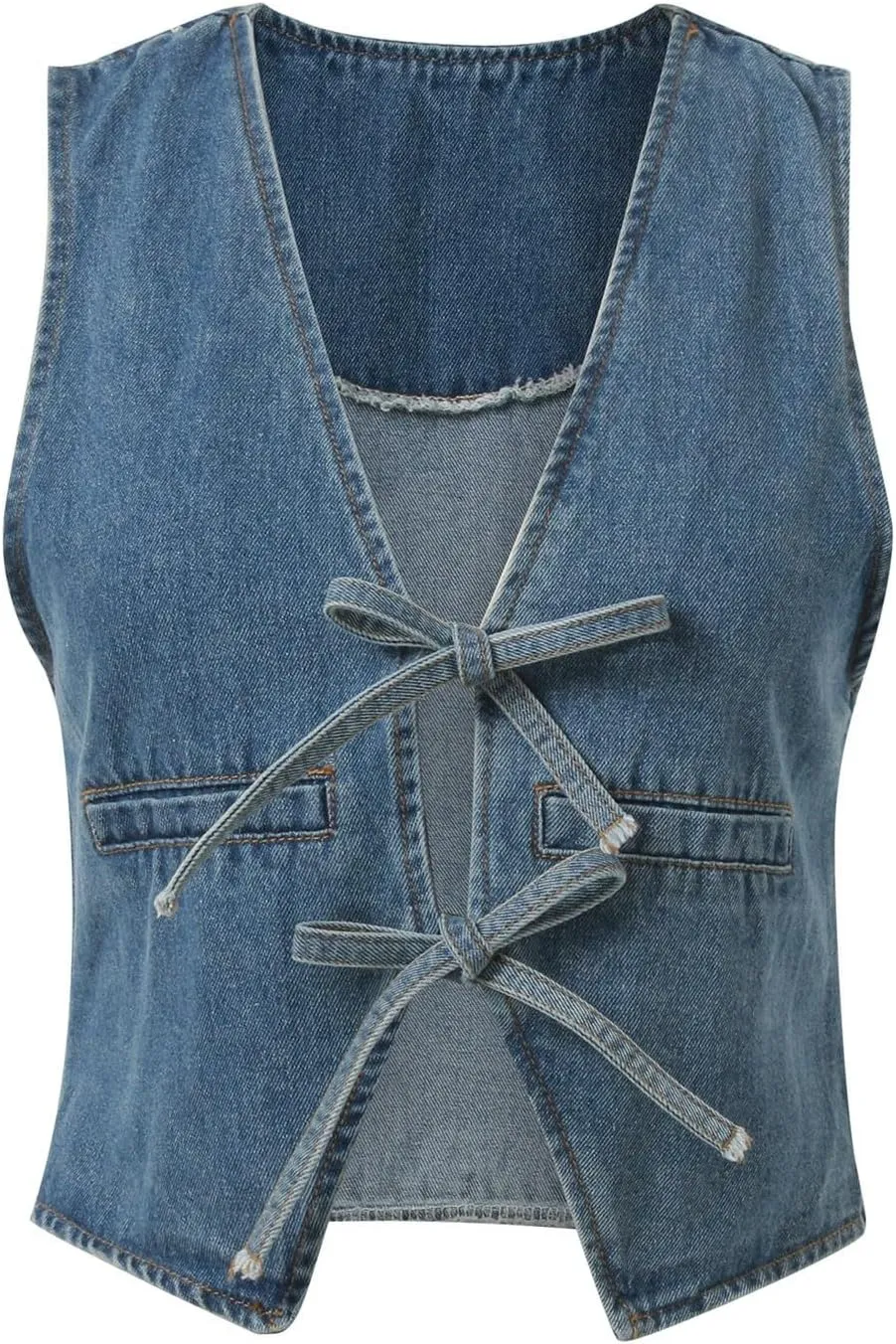 Women Denim Vest Summer Sleeveless Casual Tank Tops Bow Tie Front V Neck Crop Tops Trendy Streetwear Jean Tanks