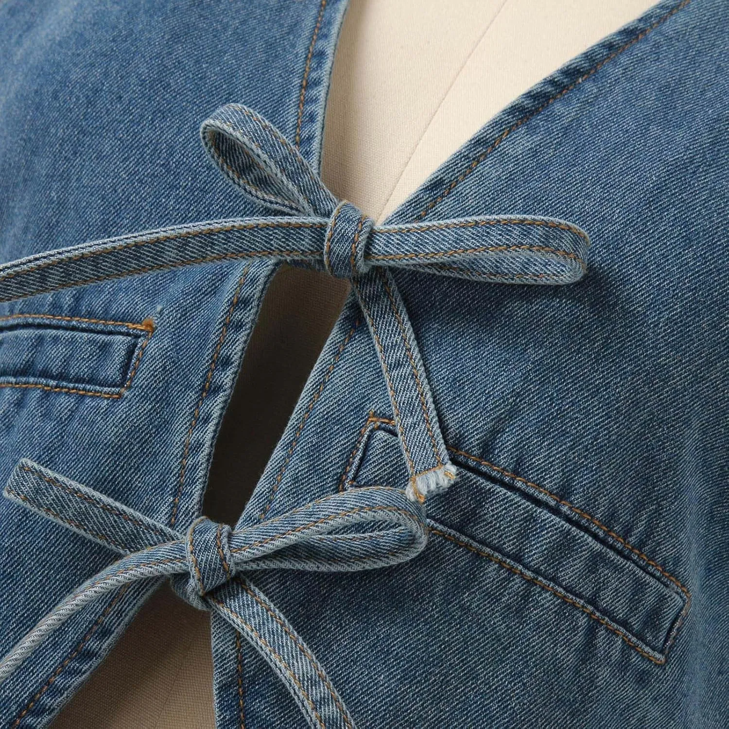 Women Denim Vest Summer Sleeveless Casual Tank Tops Bow Tie Front V Neck Crop Tops Trendy Streetwear Jean Tanks