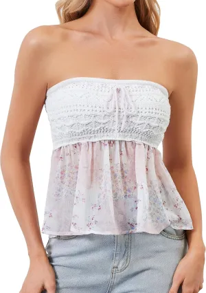 Women Floral Print Strapless Bandeau Top Summer Sleeveless Flowy Cute Tube Tops Y2k Going Out Peplum Top
