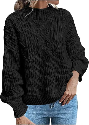 Women Long Sleeve Cable Knit Sweater Crewneck Loose Casual Pullovers Warm Lightweight Sweaters