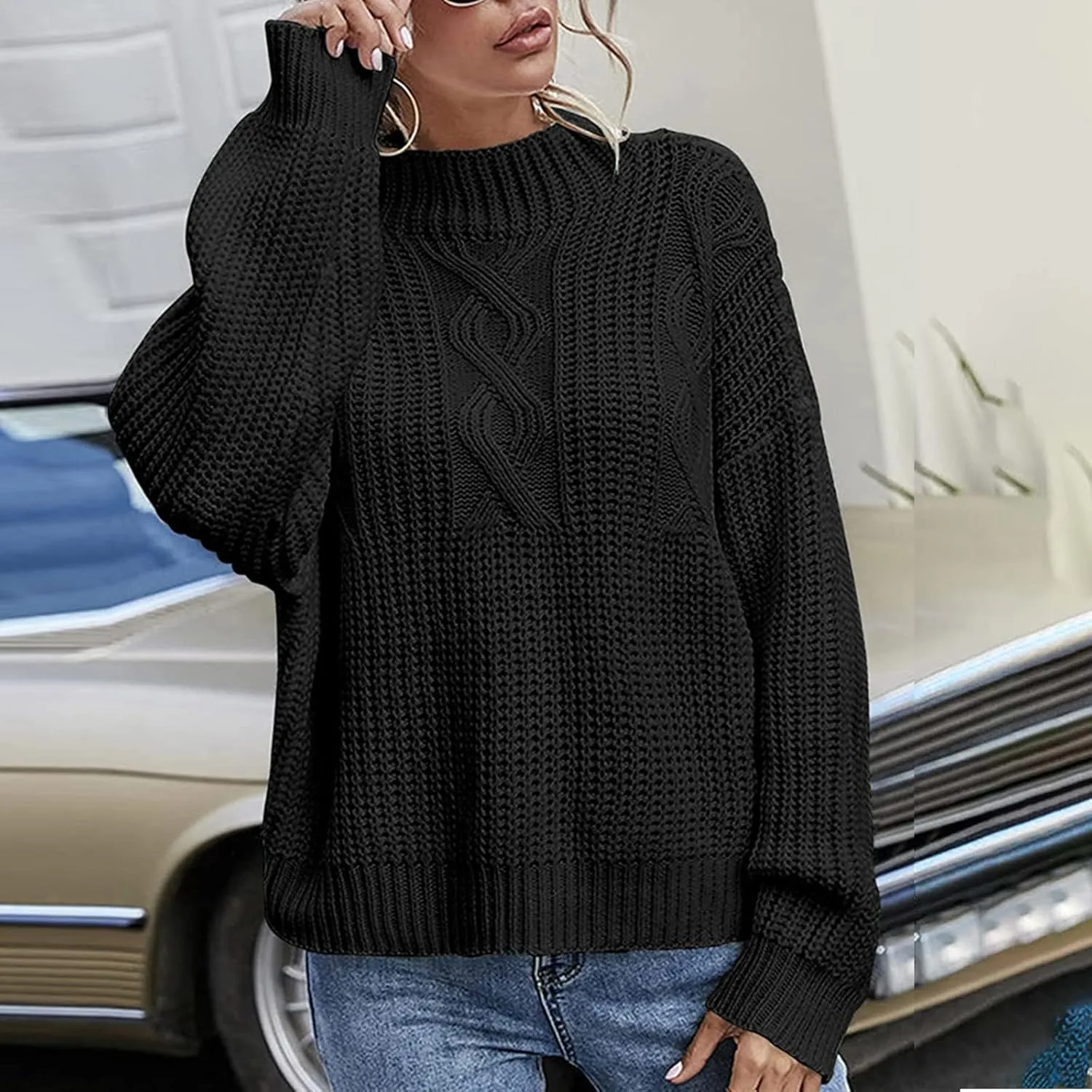 Women Long Sleeve Cable Knit Sweater Crewneck Loose Casual Pullovers Warm Lightweight Sweaters
