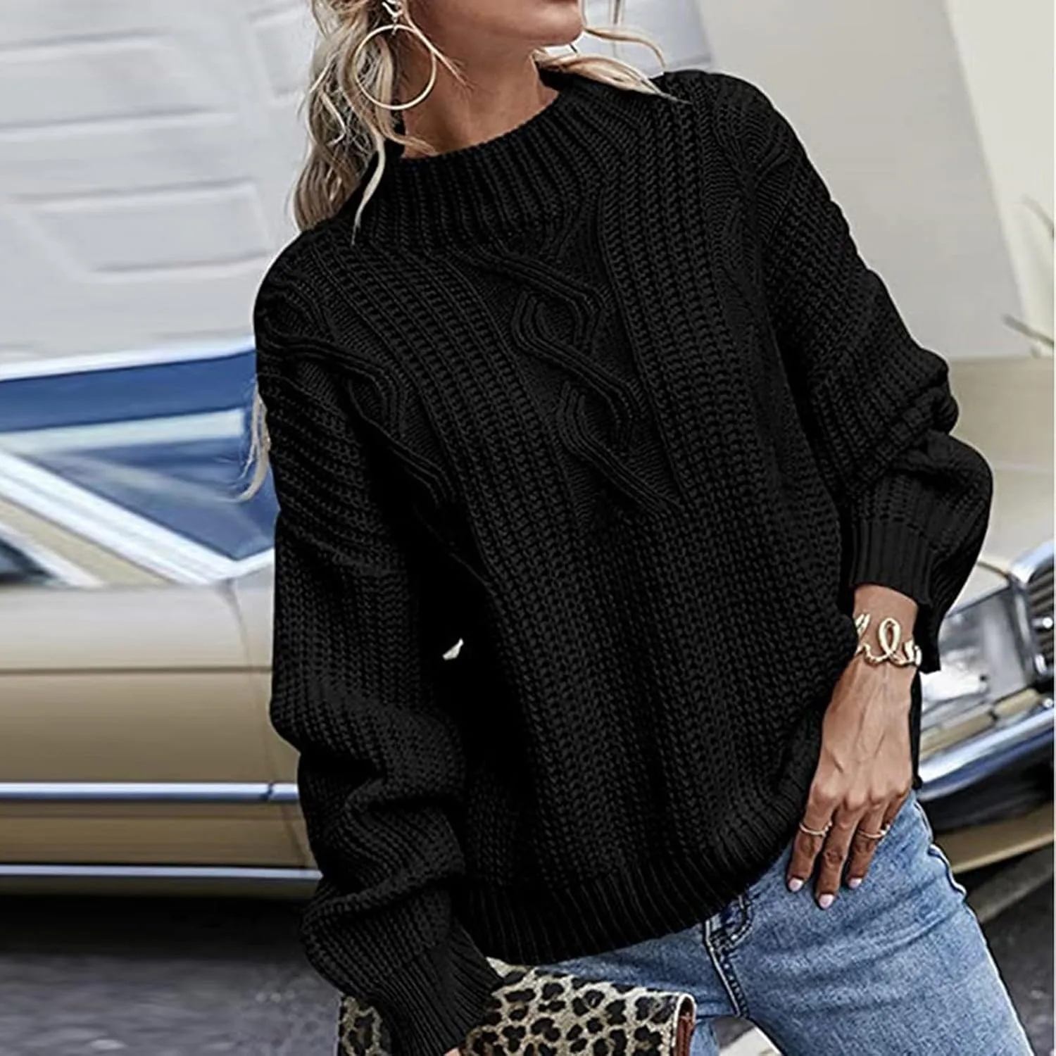 Women Long Sleeve Cable Knit Sweater Crewneck Loose Casual Pullovers Warm Lightweight Sweaters