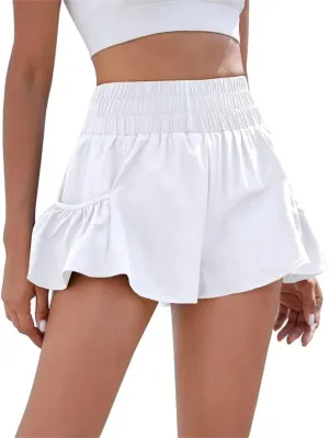 Women Ruffle Running Shorts High Waisted Workout Athletic Shorts Flowy Smocked A Line Skorts with Pockets