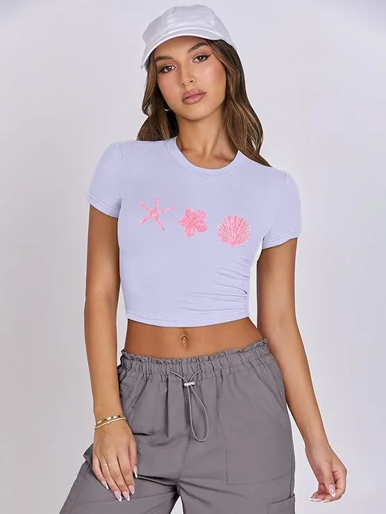 Women Y2K Baby T Shirt Hawaiian Flower Graphic Crop Tops Glitter Floral Shirts Vintage Aesthetic Summer Tops