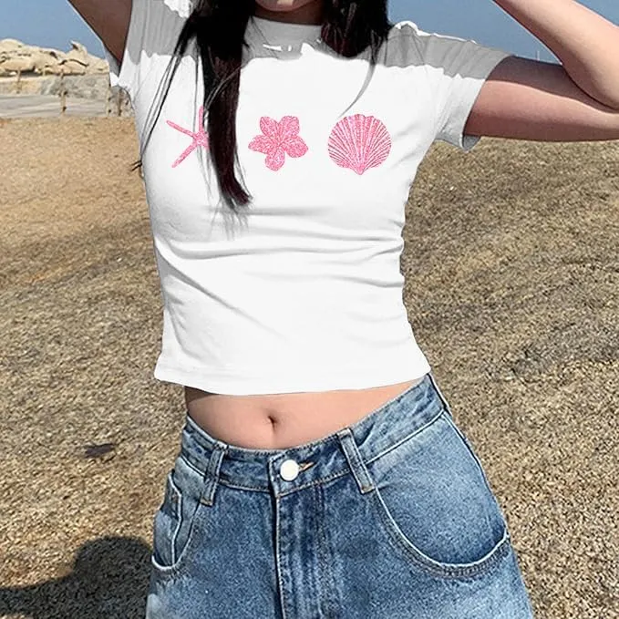 Women Y2K Baby T Shirt Hawaiian Flower Graphic Crop Tops Glitter Floral Shirts Vintage Aesthetic Summer Tops