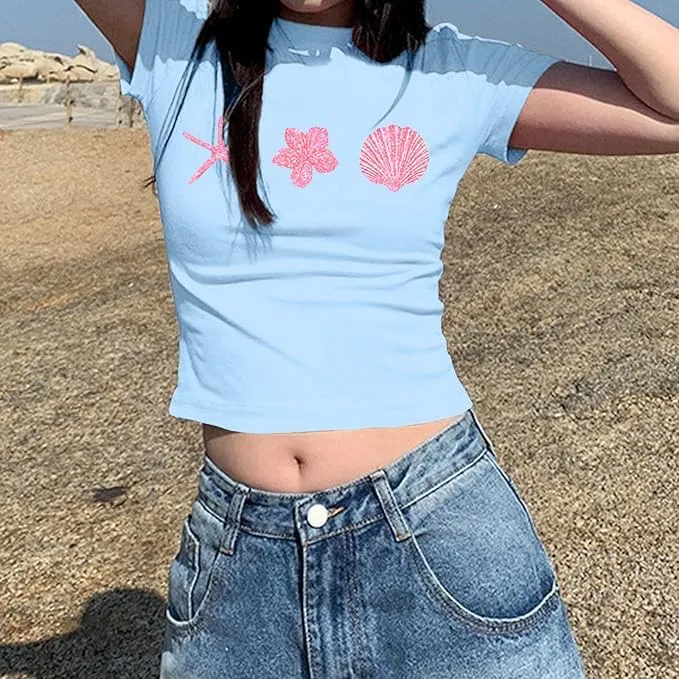 Women Y2K Baby T Shirt Hawaiian Flower Graphic Crop Tops Glitter Floral Shirts Vintage Aesthetic Summer Tops