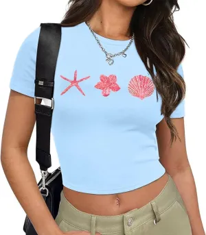 Women Y2K Baby T Shirt Hawaiian Flower Graphic Crop Tops Glitter Floral Shirts Vintage Aesthetic Summer Tops