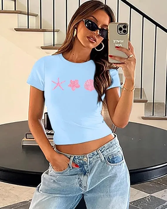 Women Y2K Baby T Shirt Hawaiian Flower Graphic Crop Tops Glitter Floral Shirts Vintage Aesthetic Summer Tops