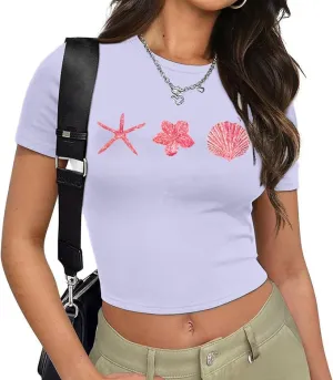 Women Y2K Baby T Shirt Hawaiian Flower Graphic Crop Tops Glitter Floral Shirts Vintage Aesthetic Summer Tops