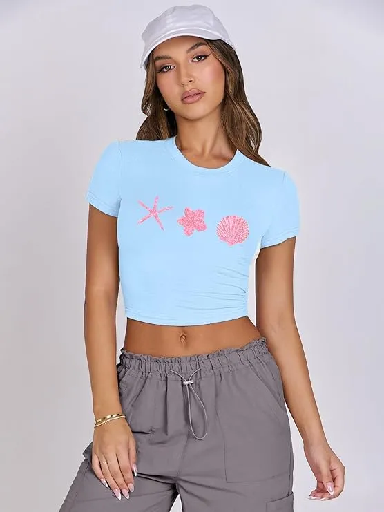 Women Y2K Baby T Shirt Hawaiian Flower Graphic Crop Tops Glitter Floral Shirts Vintage Aesthetic Summer Tops