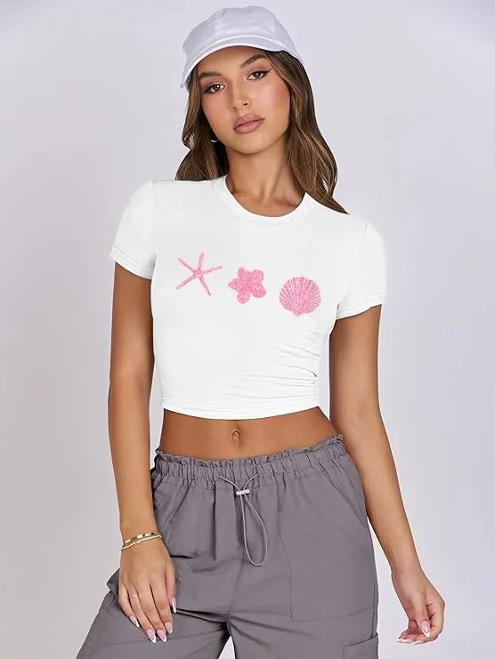 Women Y2K Baby T Shirt Hawaiian Flower Graphic Crop Tops Glitter Floral Shirts Vintage Aesthetic Summer Tops